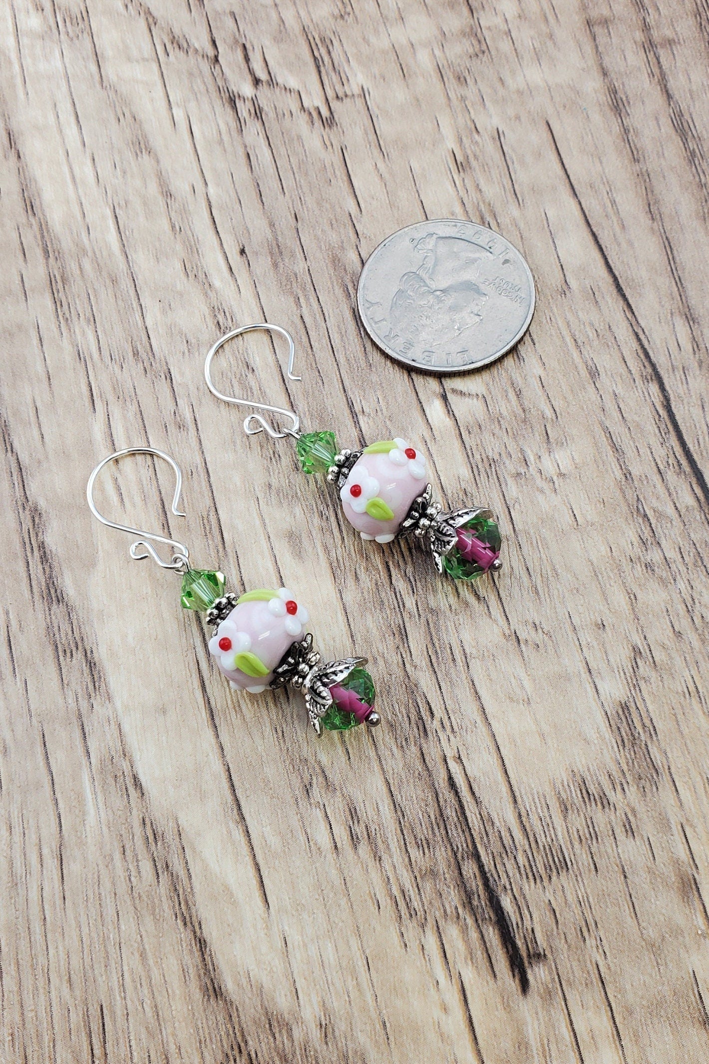 Rosey Glow Artisan Glass Earrings, Lampwork Glass Bead by a talented artisan, Silver Filled Earring Wire