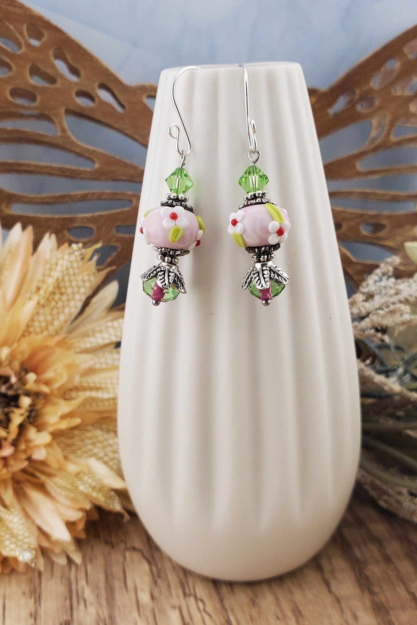 Rosey Glow Artisan Glass Earrings, Lampwork Glass Bead by a talented artisan, Silver Filled Earring Wire