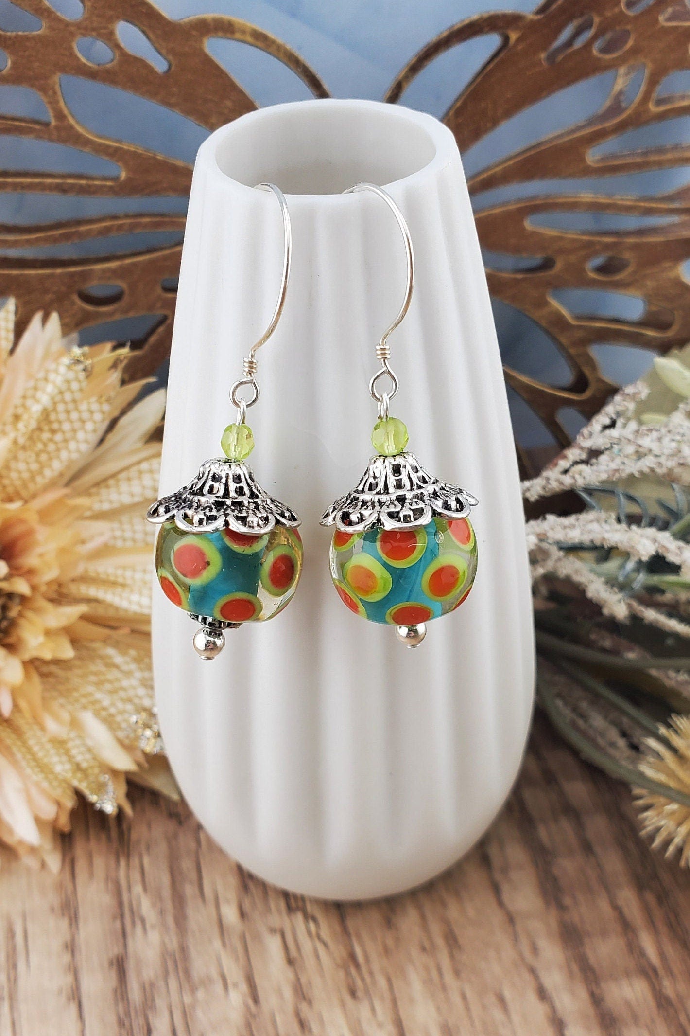 Dreamy Dangles Artisan Glass Earrings, Lampwork Glass Bead handcrafted by a talented artisan, Sterling Silver Earring Wire