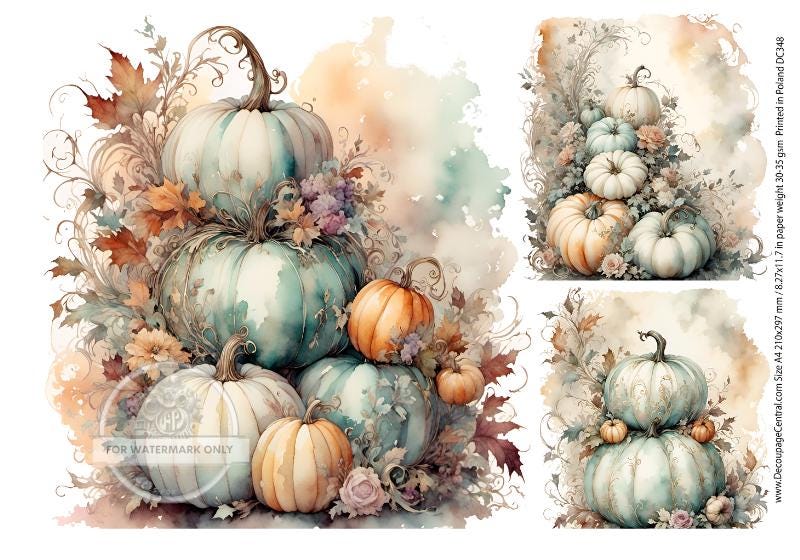 A4 Watercolor Stacked Pumpkin Trio Rice Paper - Fall, Autumn