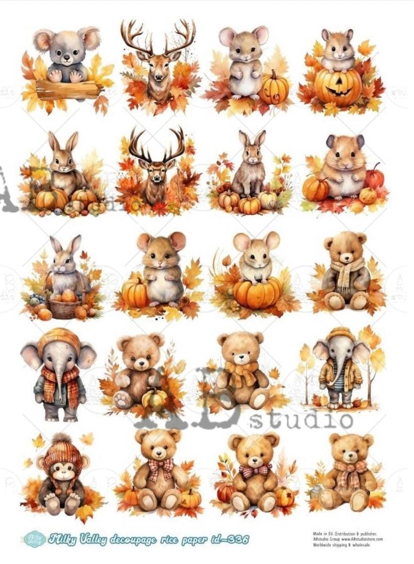 A4 Adorable Fall Animals Mini Rice Paper - Deer, Rabbit, Mouse