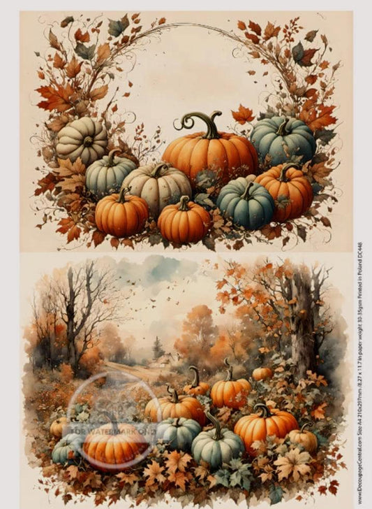 A4 Autumn Watercolor Pumpkins Rice Paper - Fall, Autumn