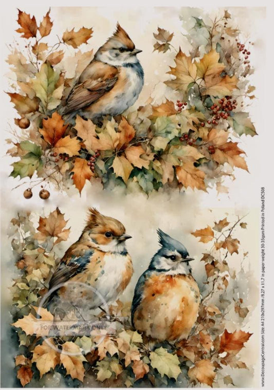 A4 Autumn Bird Wreath Duo Rice Paper