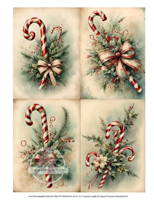 A4 Retro Candy Cane Quads Rice Paper - Christmas