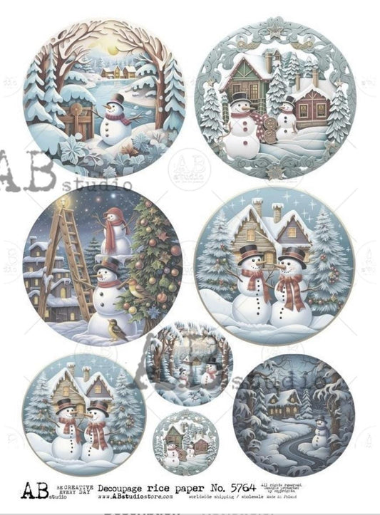 A4 AB Christmas Scene Circles Ornaments Rice Paper