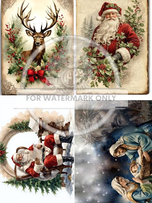 A4 Best of Christmas Quad Rice Paper - Santa, Reindeer, Nativity