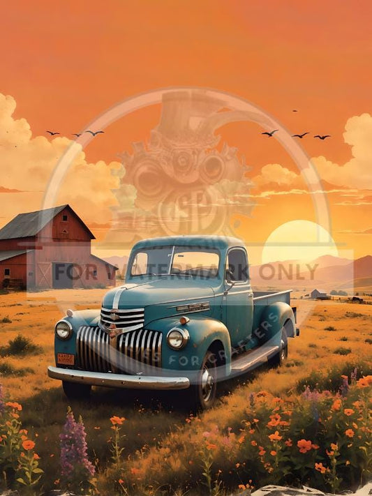 A4 Blue Truck Sunset Decoupage Rice Paper