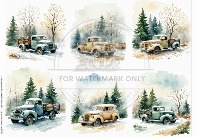 A4 Winter Trucks Rice Paper - Old Fashioned Truck