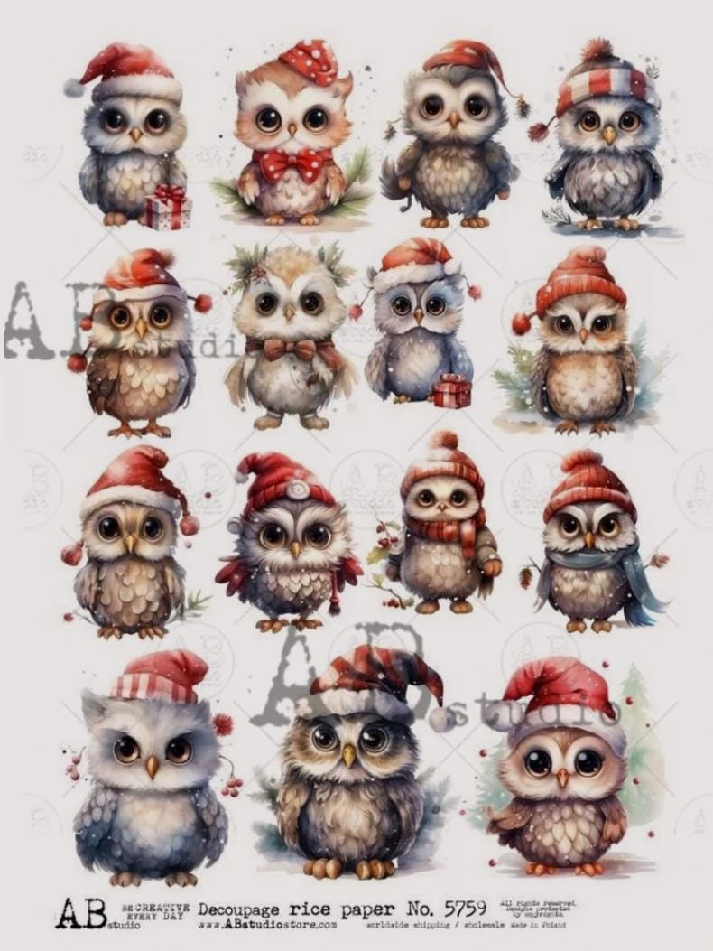 A4 AB Christmas Owls Rice Paper