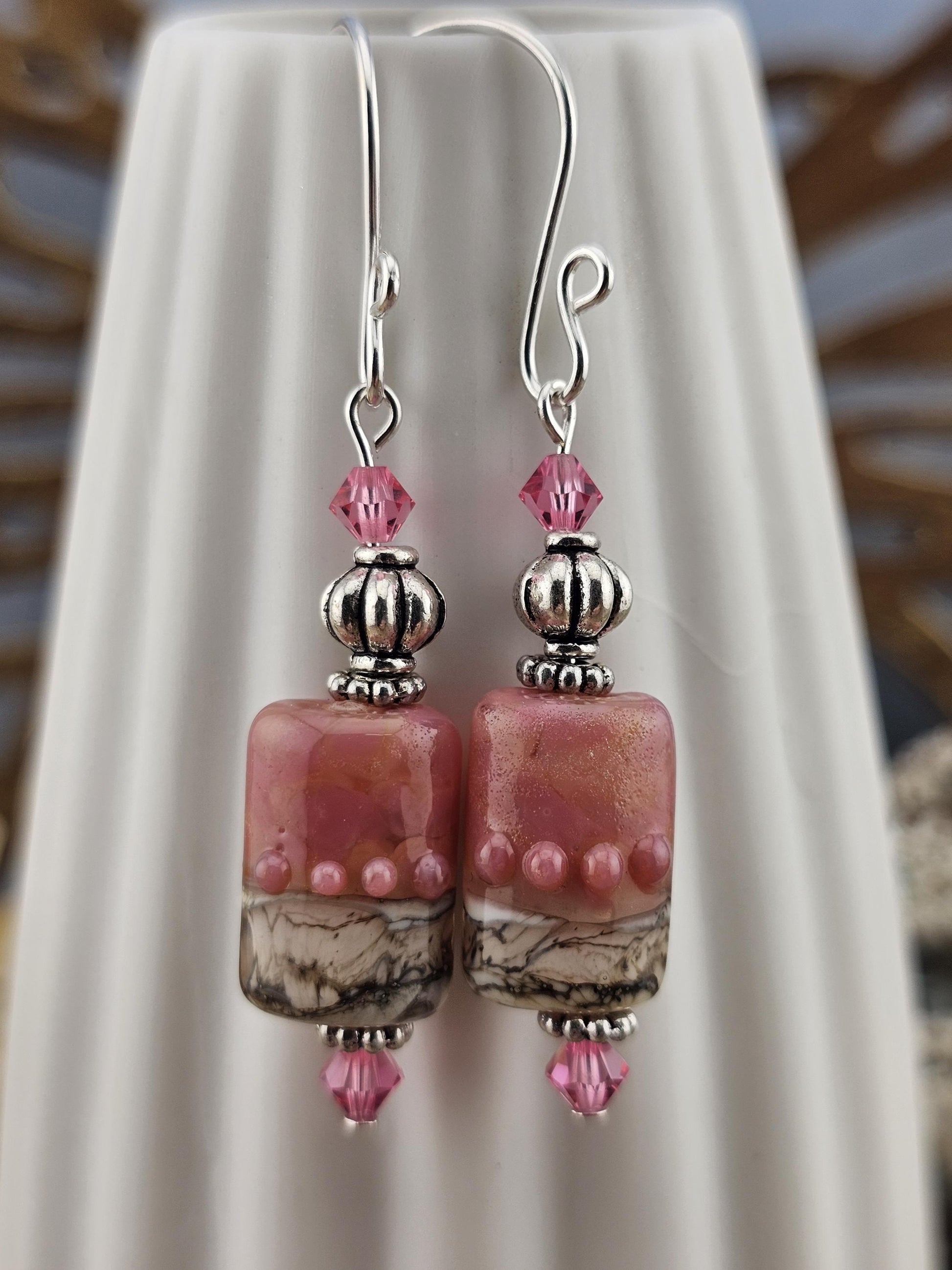 SF Rose Parfait Artisan Glass Earrings, Lampwork Glass Bead by a talented artisan, Silver Filled Earring Wire