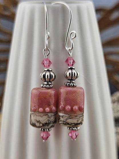 SF Rose Parfait Artisan Glass Earrings, Lampwork Glass Bead by a talented artisan, Silver Filled Earring Wire