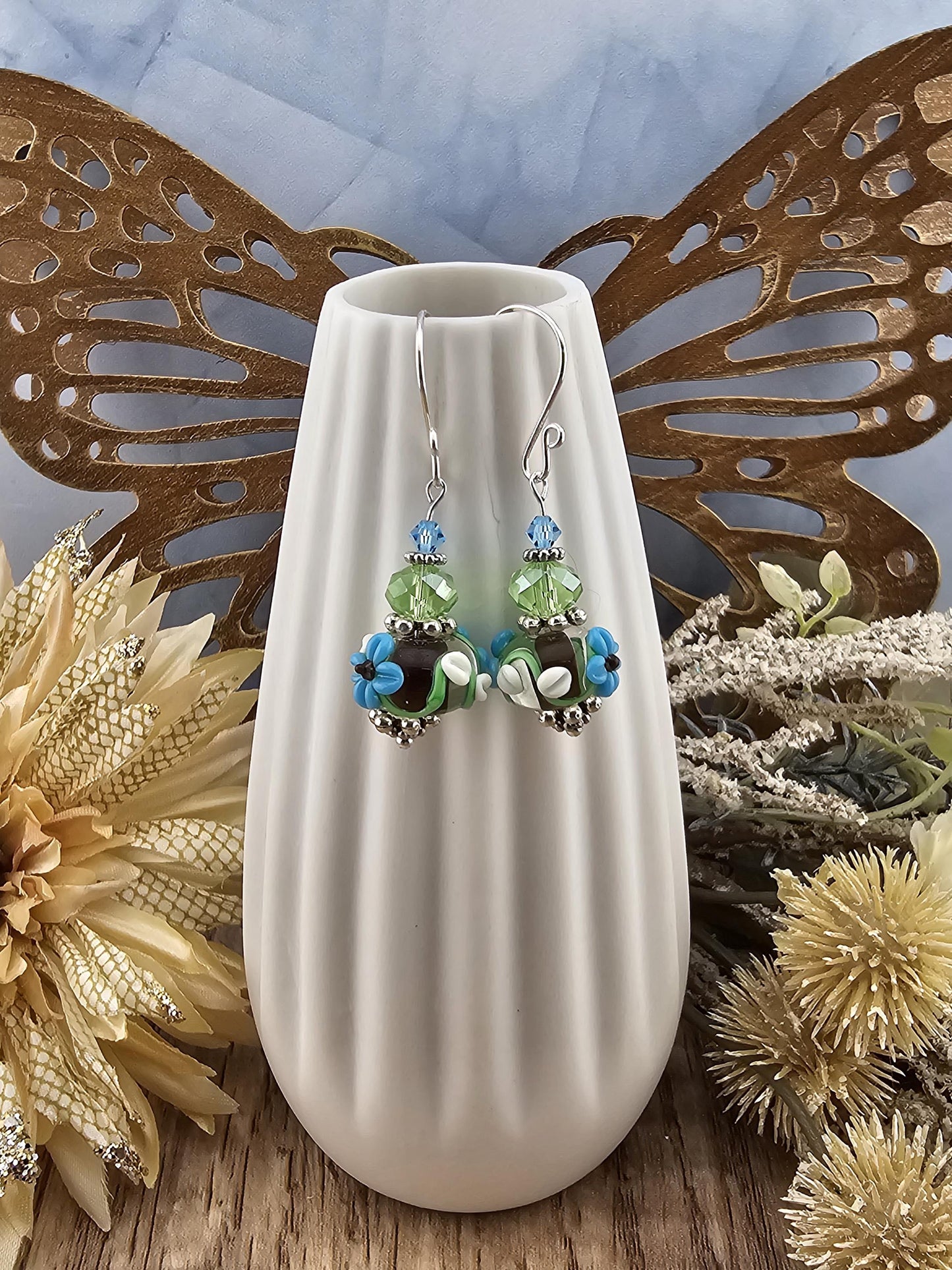 SF Earthy Elegance Artisan Glass Earrings, Lampwork Glass Bead by a talented artisan, Silver Filled Earring Wire