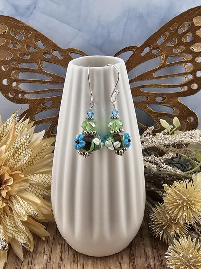 SF Earthy Elegance Artisan Glass Earrings, Lampwork Glass Bead by a talented artisan, Silver Filled Earring Wire