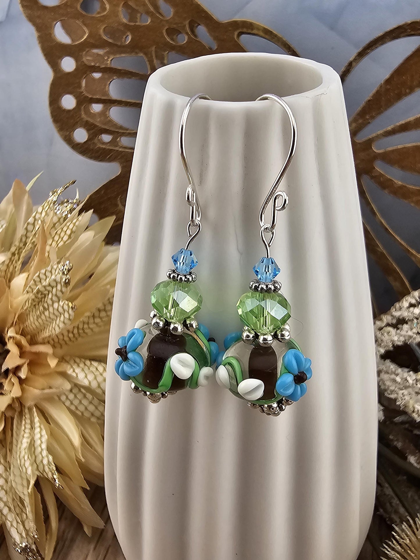 SF Earthy Elegance Artisan Glass Earrings, Lampwork Glass Bead by a talented artisan, Silver Filled Earring Wire