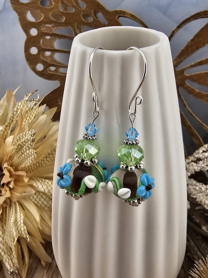 SF Earthy Elegance Artisan Glass Earrings, Lampwork Glass Bead by a talented artisan, Silver Filled Earring Wire