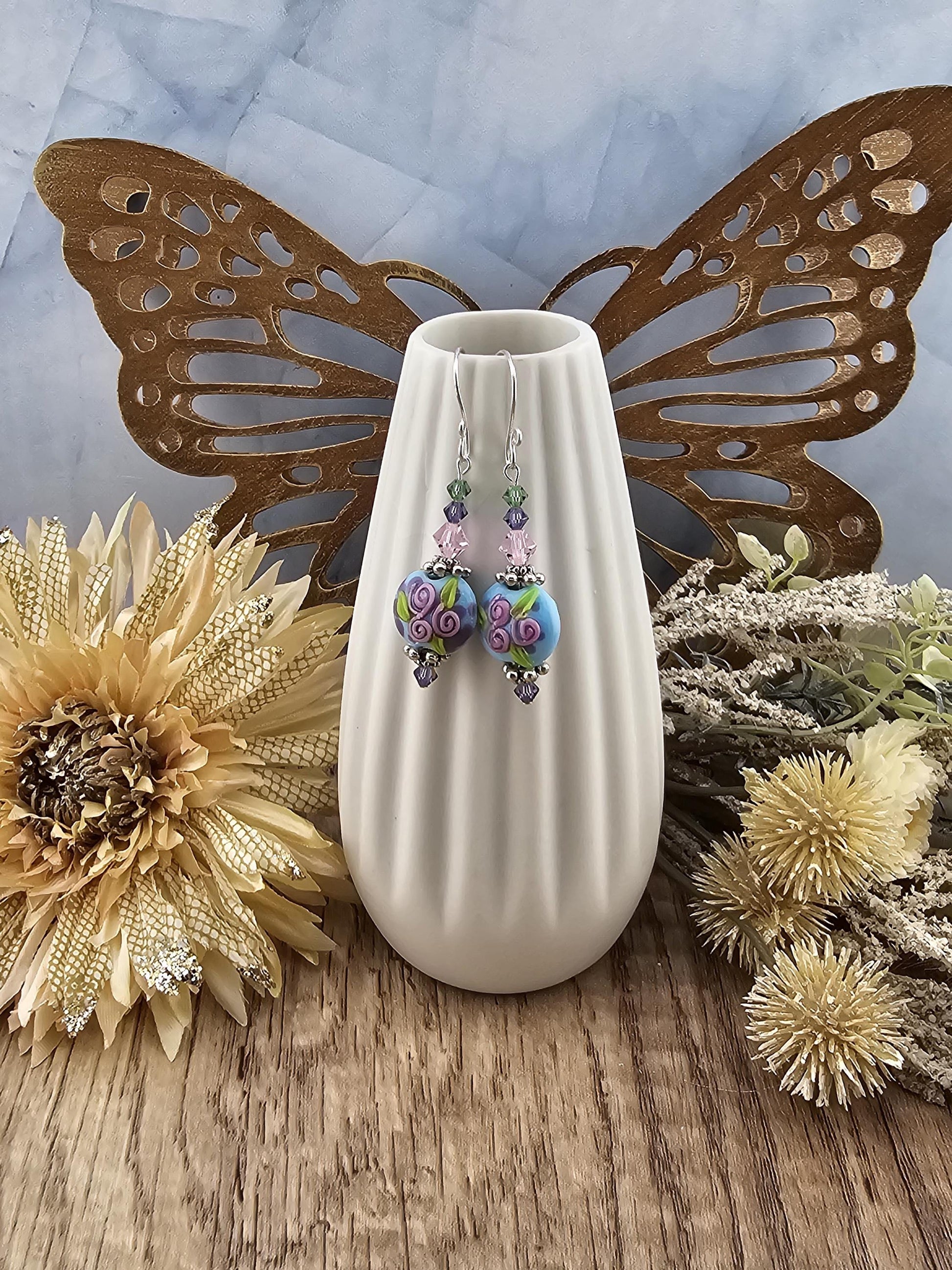 SF Fairywine Blossoms Artisan Glass Earrings, Lampwork Glass Bead by a talented artisan, Silver Filled Earring Wire