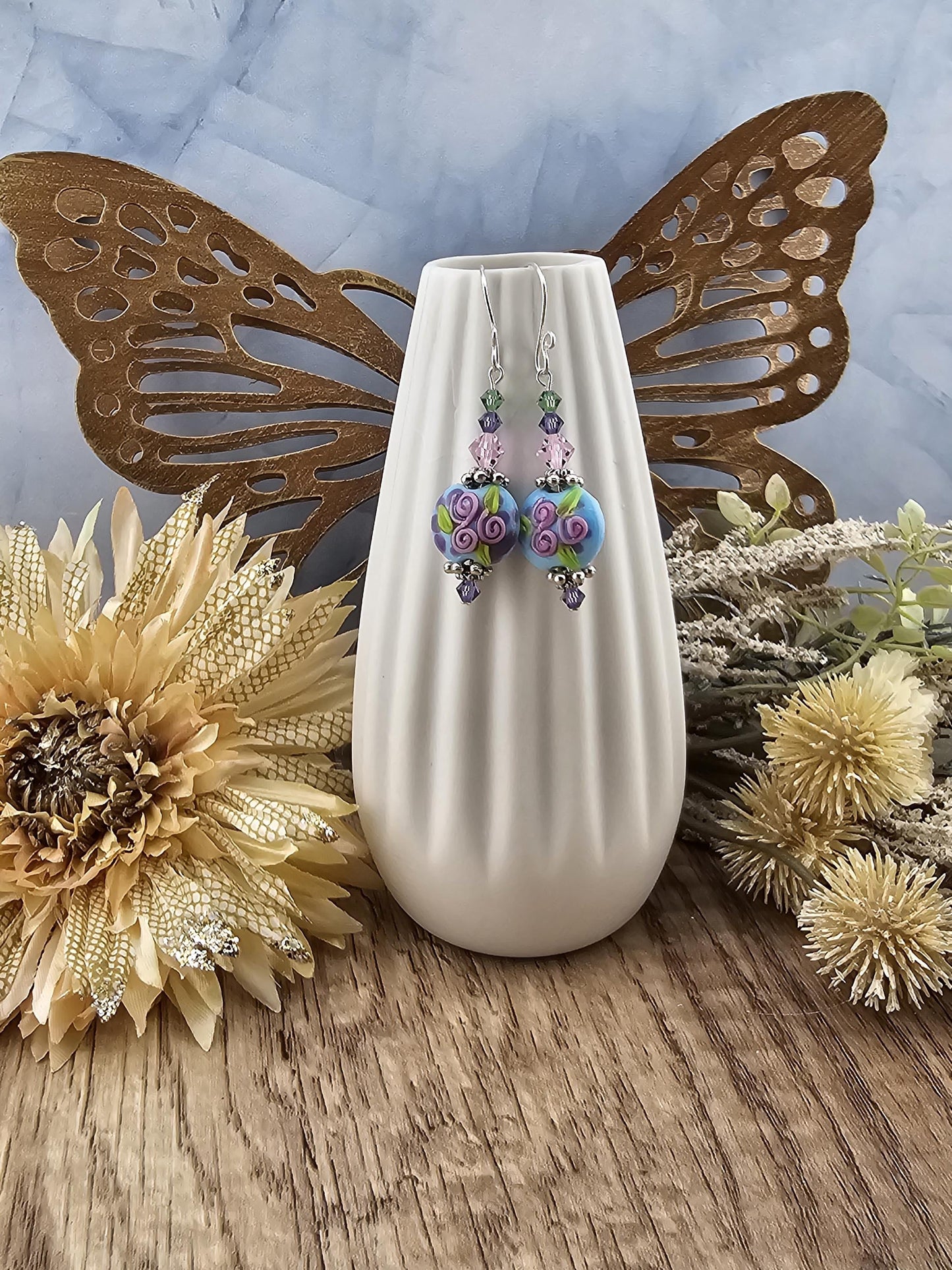 SF Fairywine Blossoms Artisan Glass Earrings, Lampwork Glass Bead by a talented artisan, Silver Filled Earring Wire