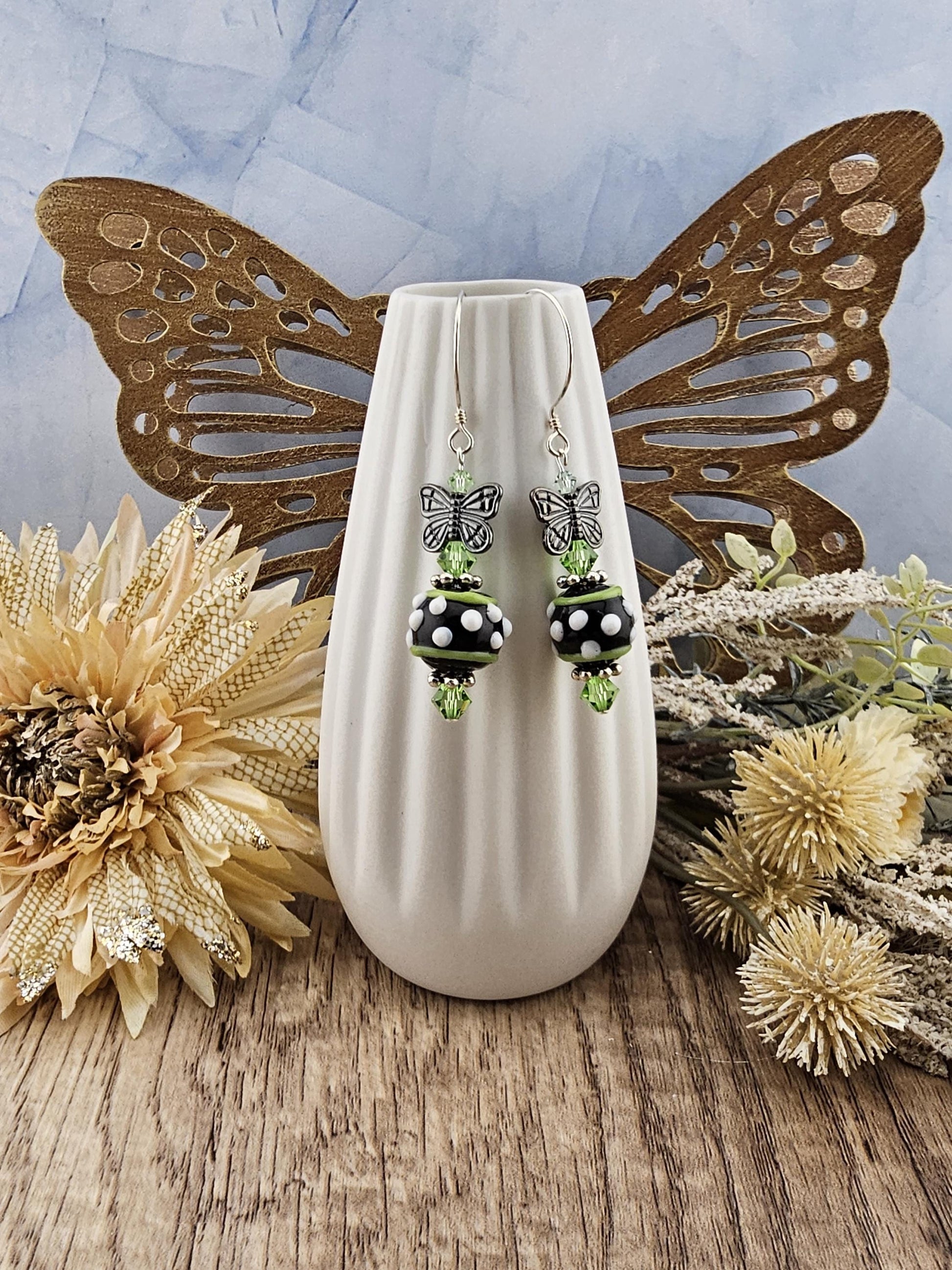 SS Speckled Butterfly Artisan Glass Earrings, Sterling Silver Earring Wire