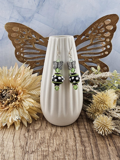 SS Speckled Butterfly Artisan Glass Earrings, Sterling Silver Earring Wire