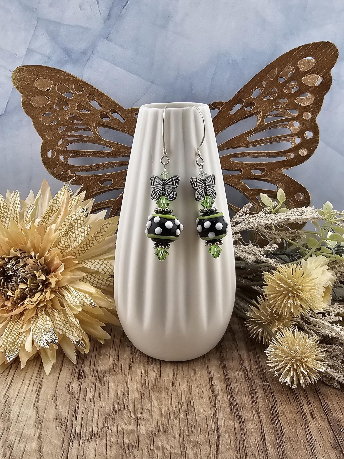 SS Speckled Butterfly Artisan Glass Earrings, Sterling Silver Earring Wire
