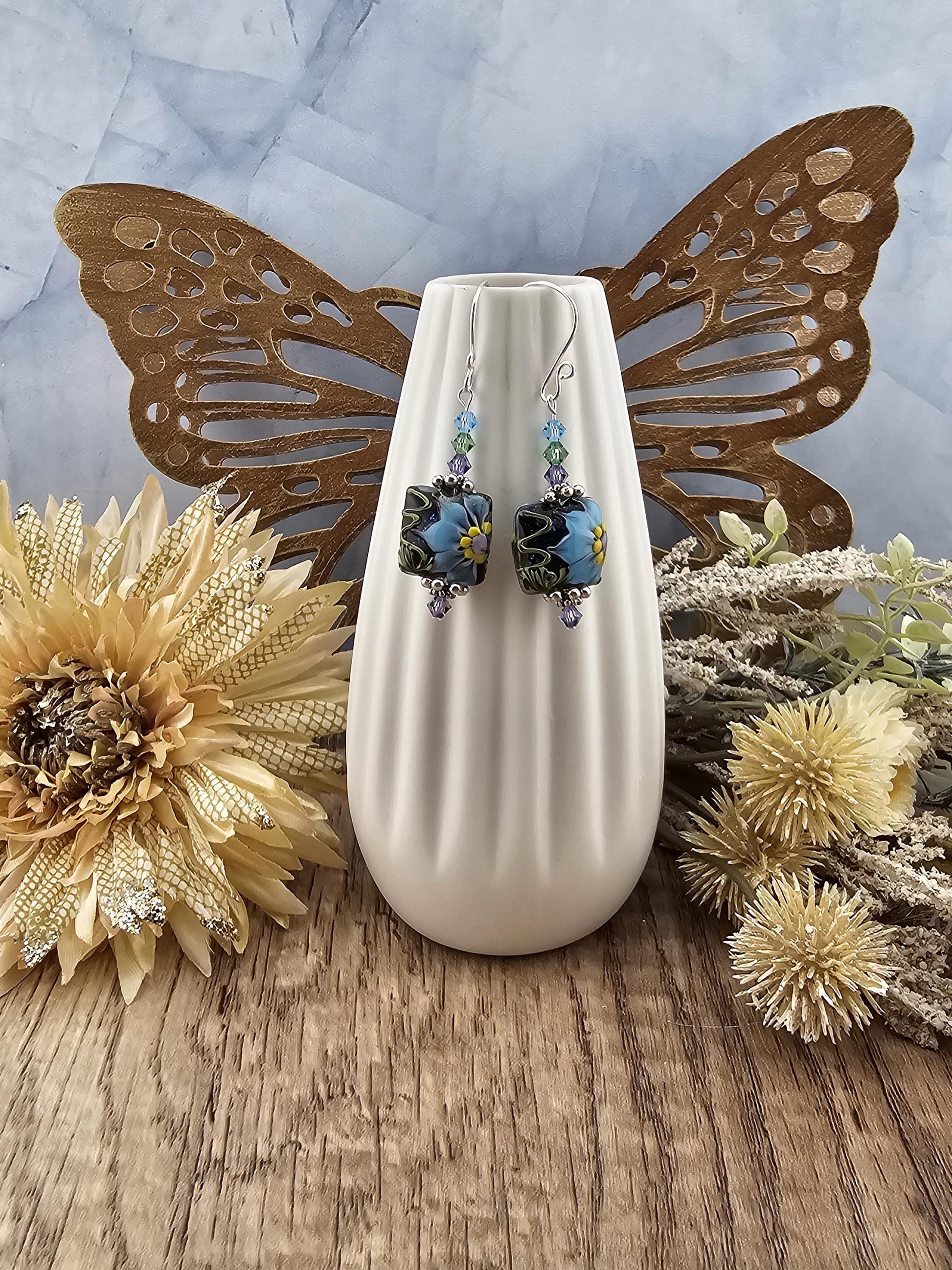 SF Mystic Bloom Artisan Glass Earrings, Lampwork Glass Bead by a talented artisan, Silver Filled Earring Wire