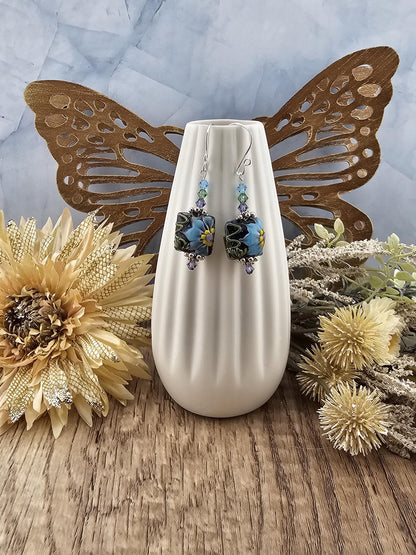 SF Mystic Bloom Artisan Glass Earrings, Lampwork Glass Bead by a talented artisan, Silver Filled Earring Wire