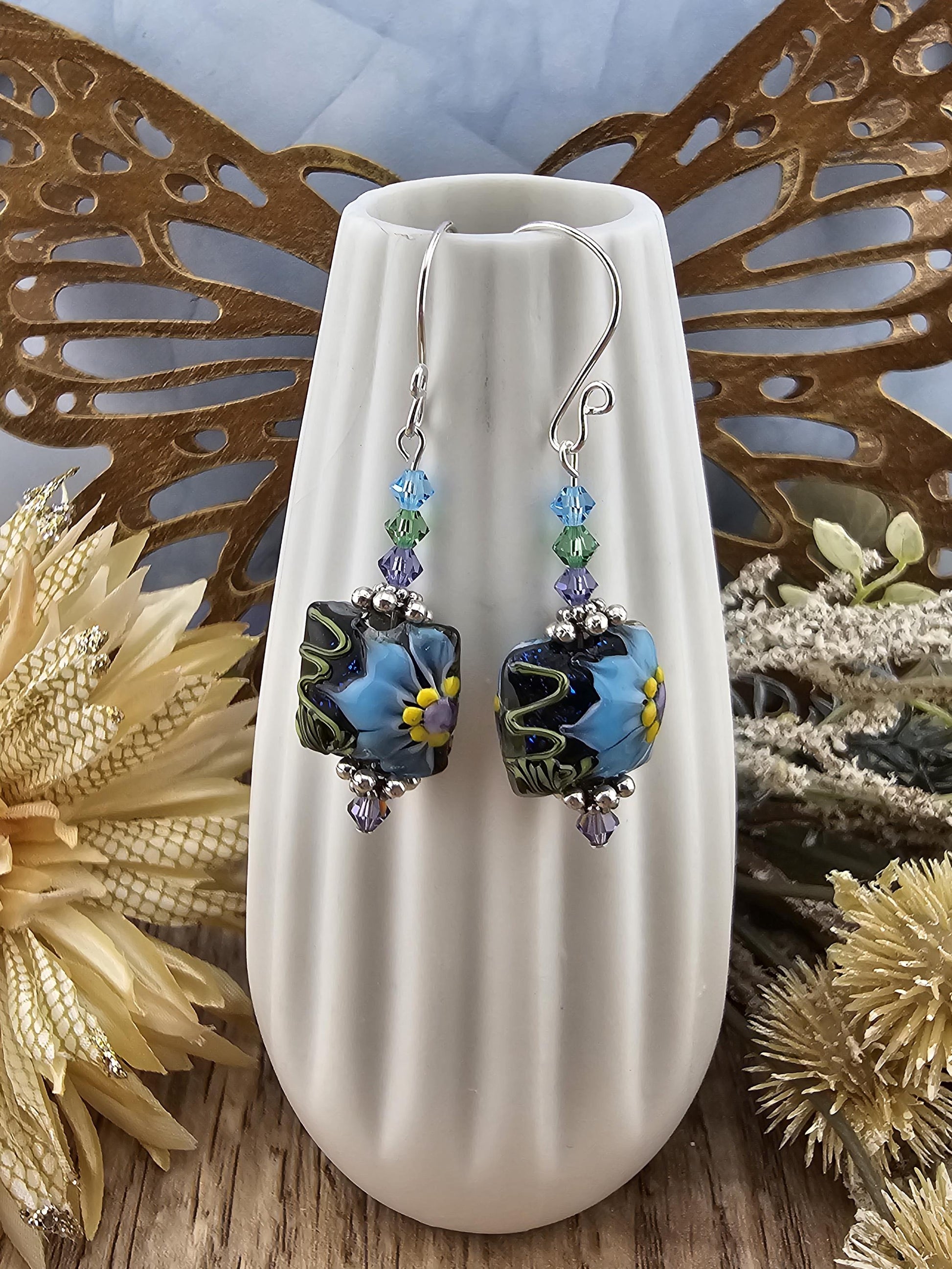 SF Mystic Bloom Artisan Glass Earrings, Lampwork Glass Bead by a talented artisan, Silver Filled Earring Wire