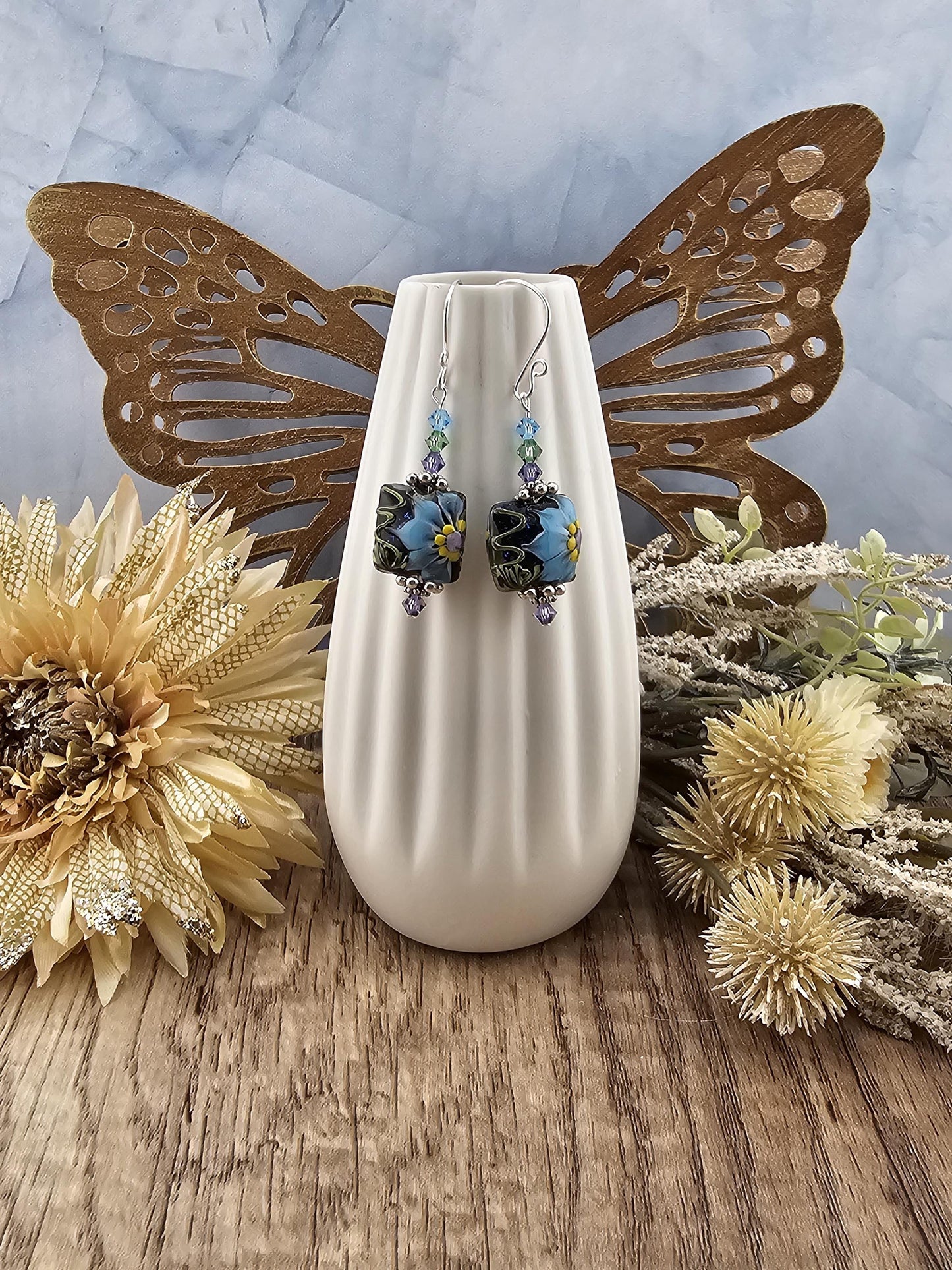 SF Mystic Bloom Artisan Glass Earrings, Lampwork Glass Bead by a talented artisan, Silver Filled Earring Wire