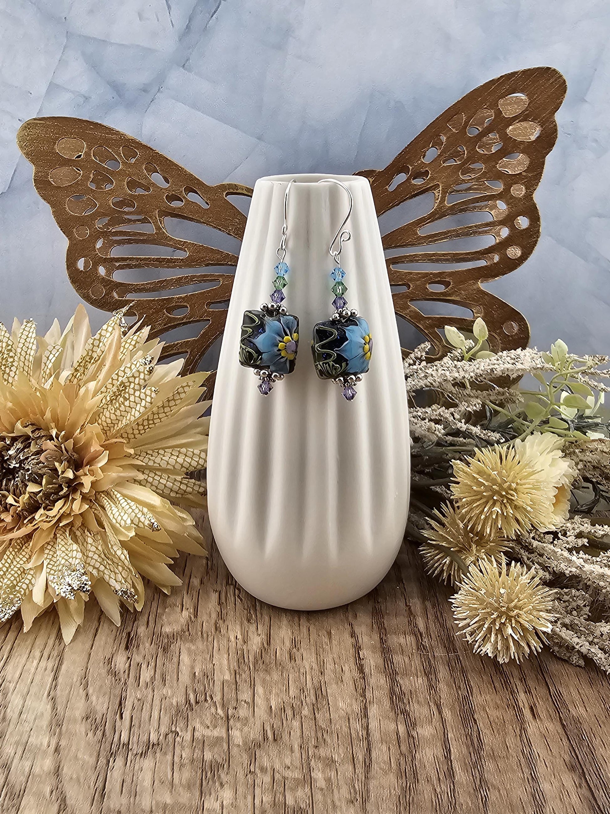 SF Mystic Bloom Artisan Glass Earrings, Lampwork Glass Bead by a talented artisan, Silver Filled Earring Wire