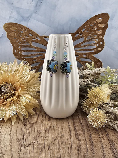 SF Mystic Bloom Artisan Glass Earrings, Lampwork Glass Bead by a talented artisan, Silver Filled Earring Wire