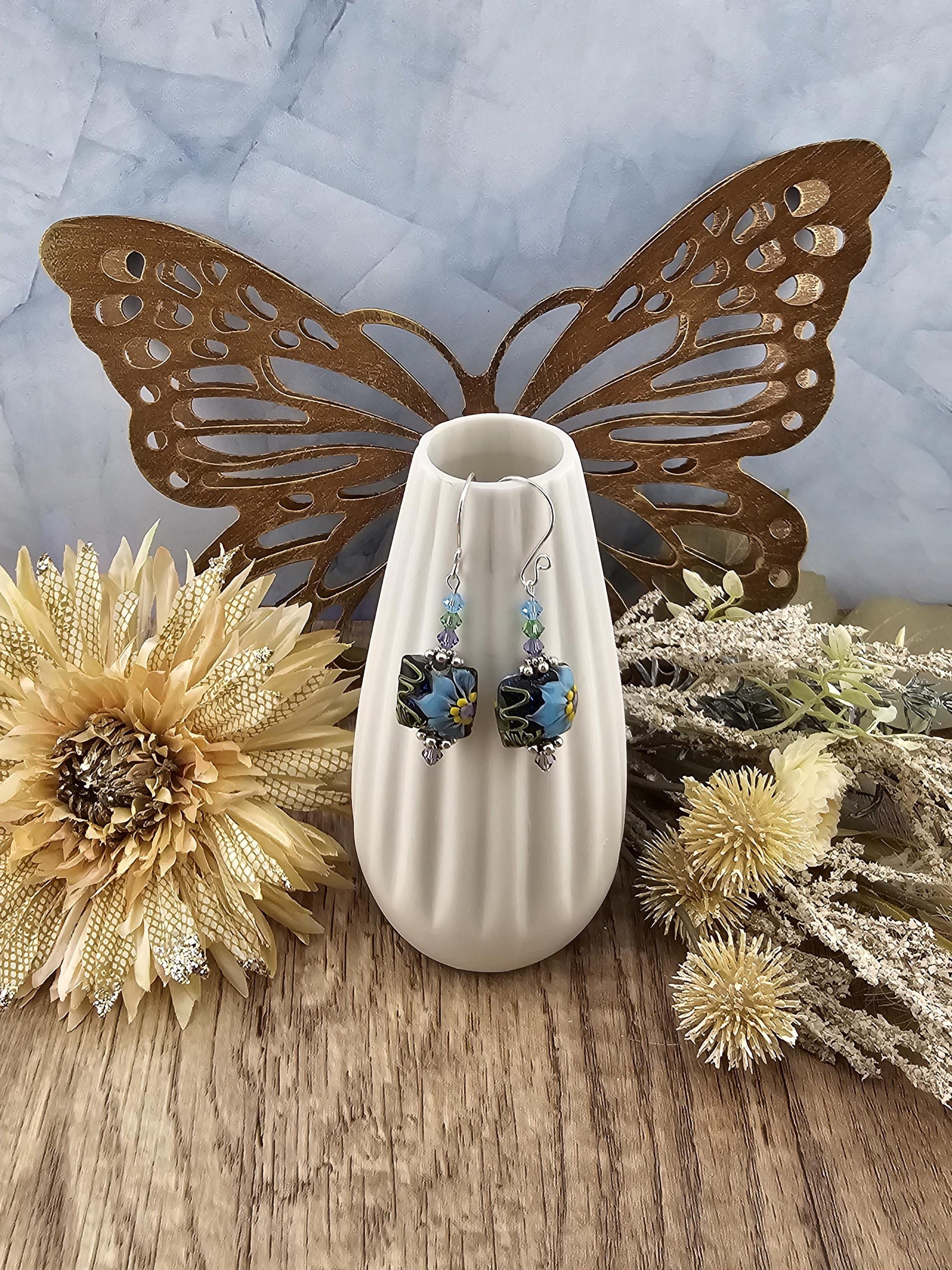 SF Mystic Bloom Artisan Glass Earrings, Lampwork Glass Bead by a talented artisan, Silver Filled Earring Wire