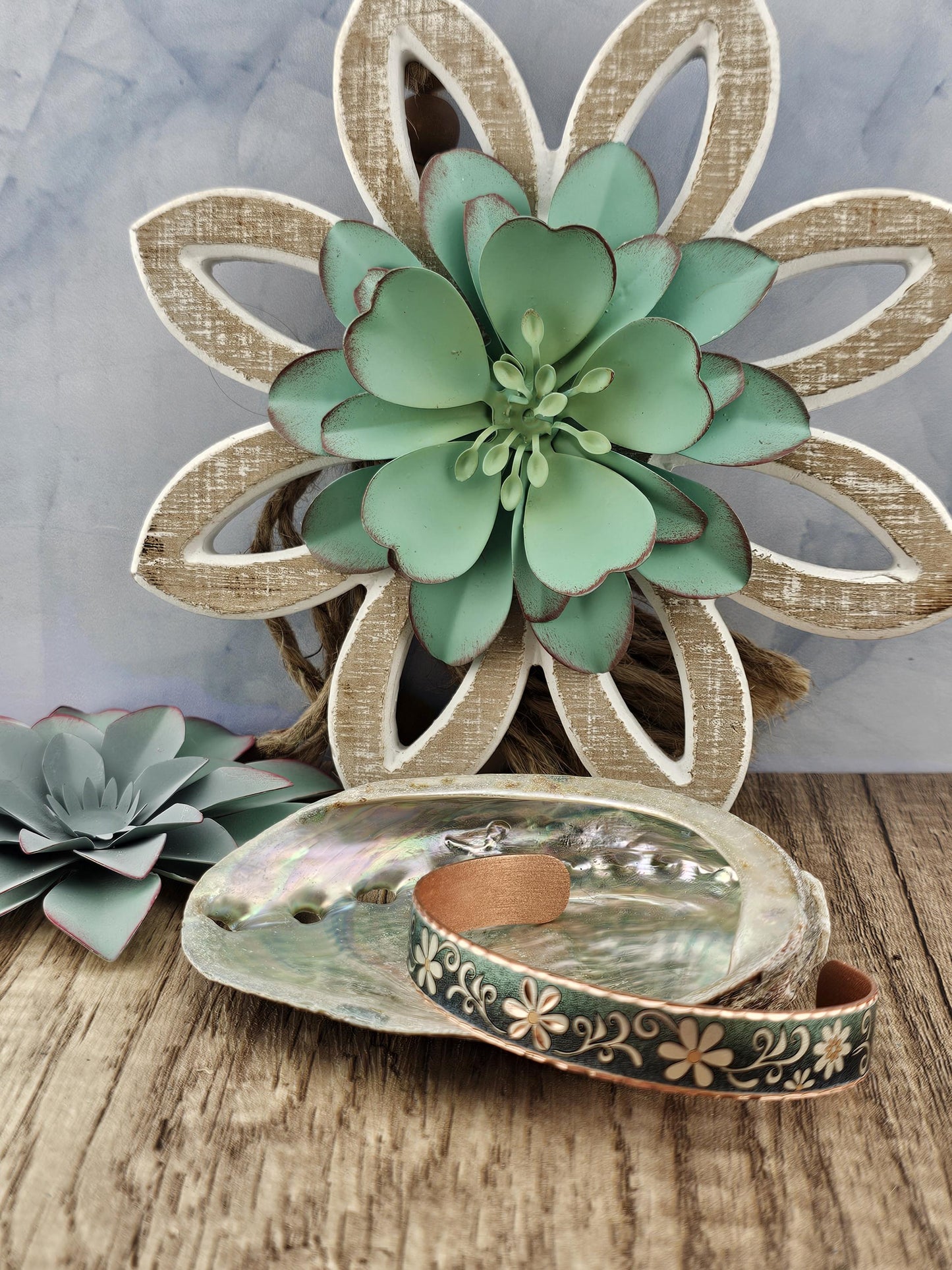 BR - Blue Turquoise Color Flower Artisan Bracelet - Beautiful adjustable COPPER cuff bracelet.