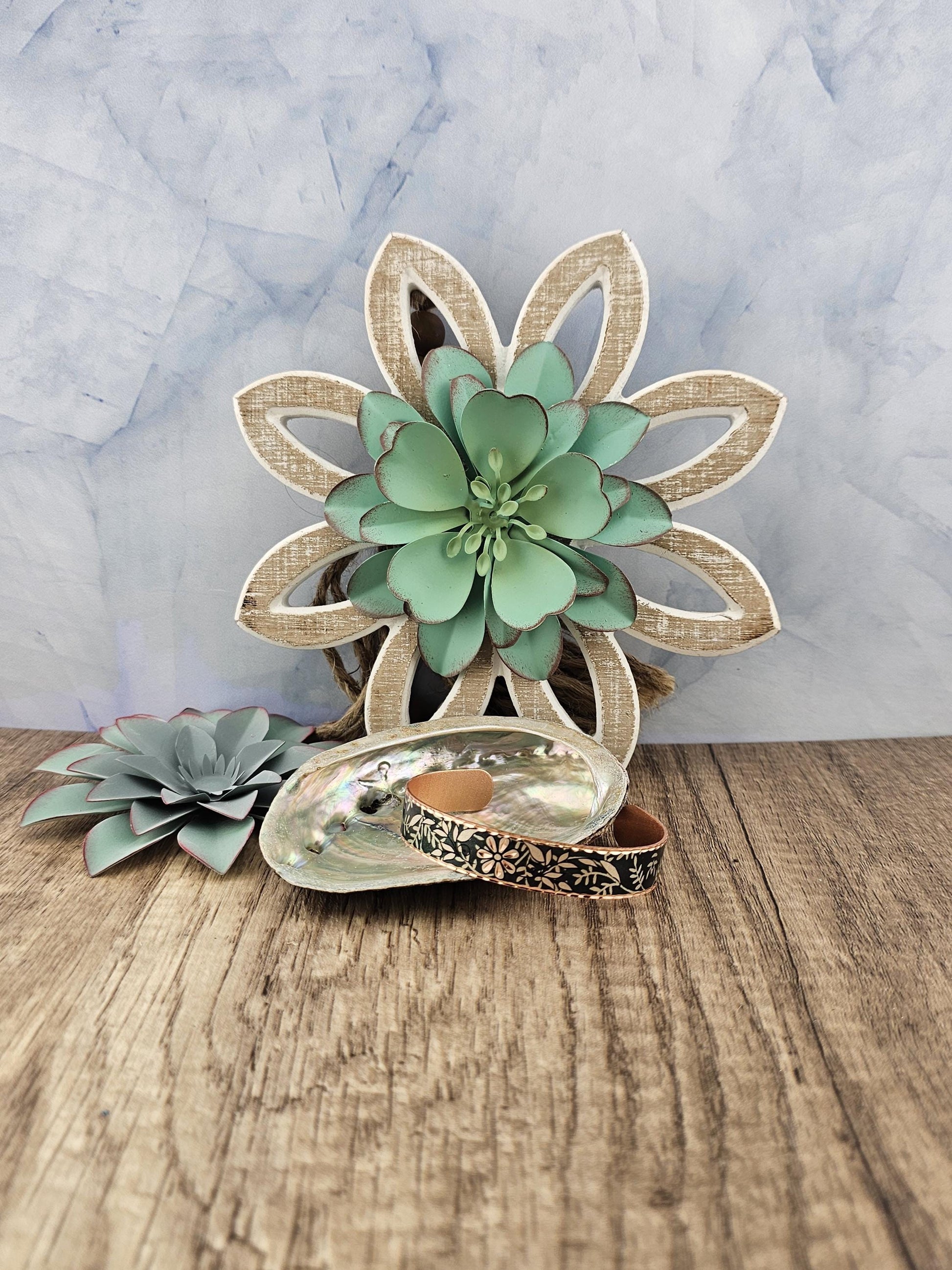 BR - Dark Emerald Green Flower Artisan Bracelet - Beautiful adjustable COPPER cuff bracelet.