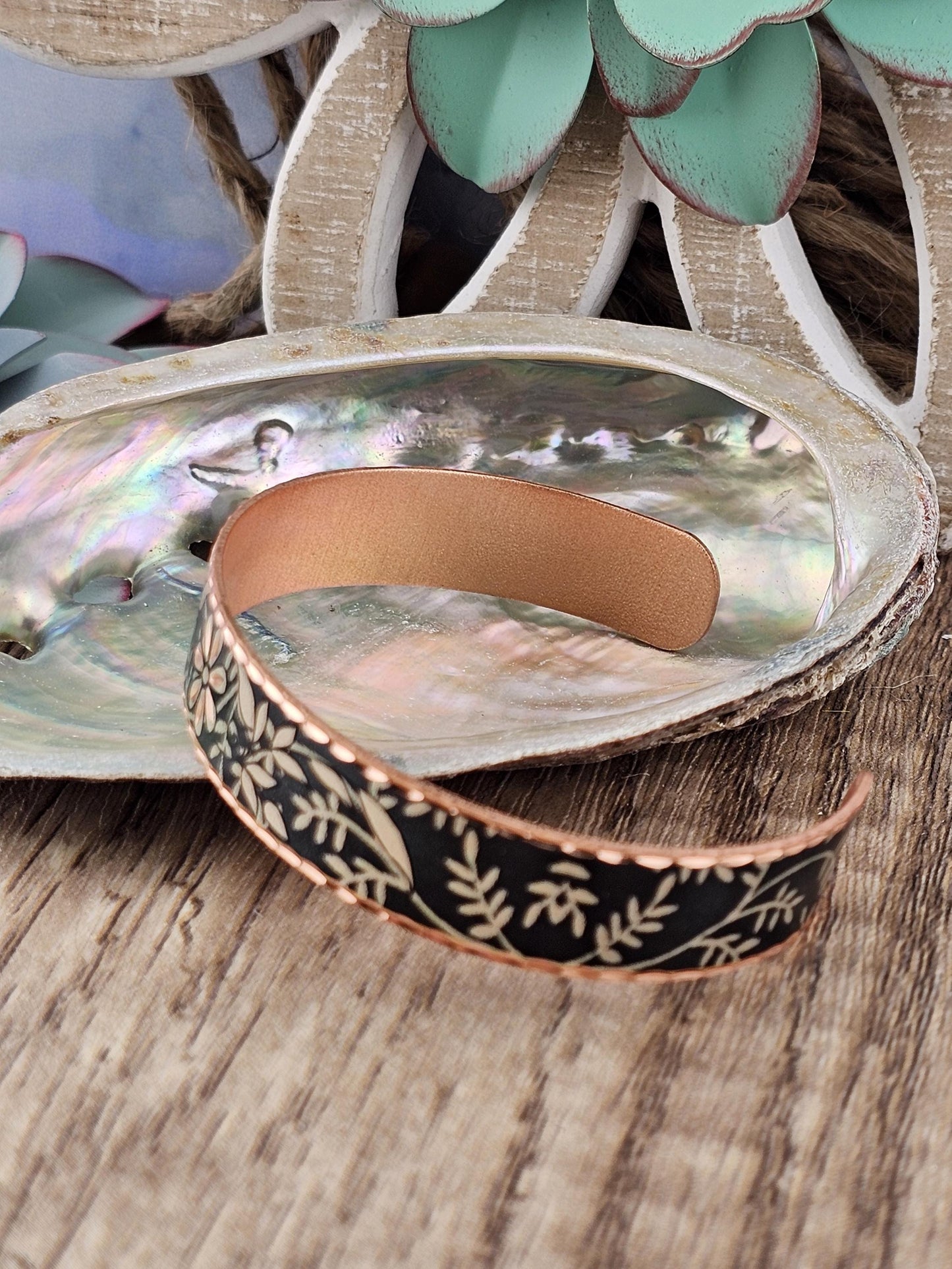 BR - Dark Emerald Green Flower Artisan Bracelet - Beautiful adjustable COPPER cuff bracelet.