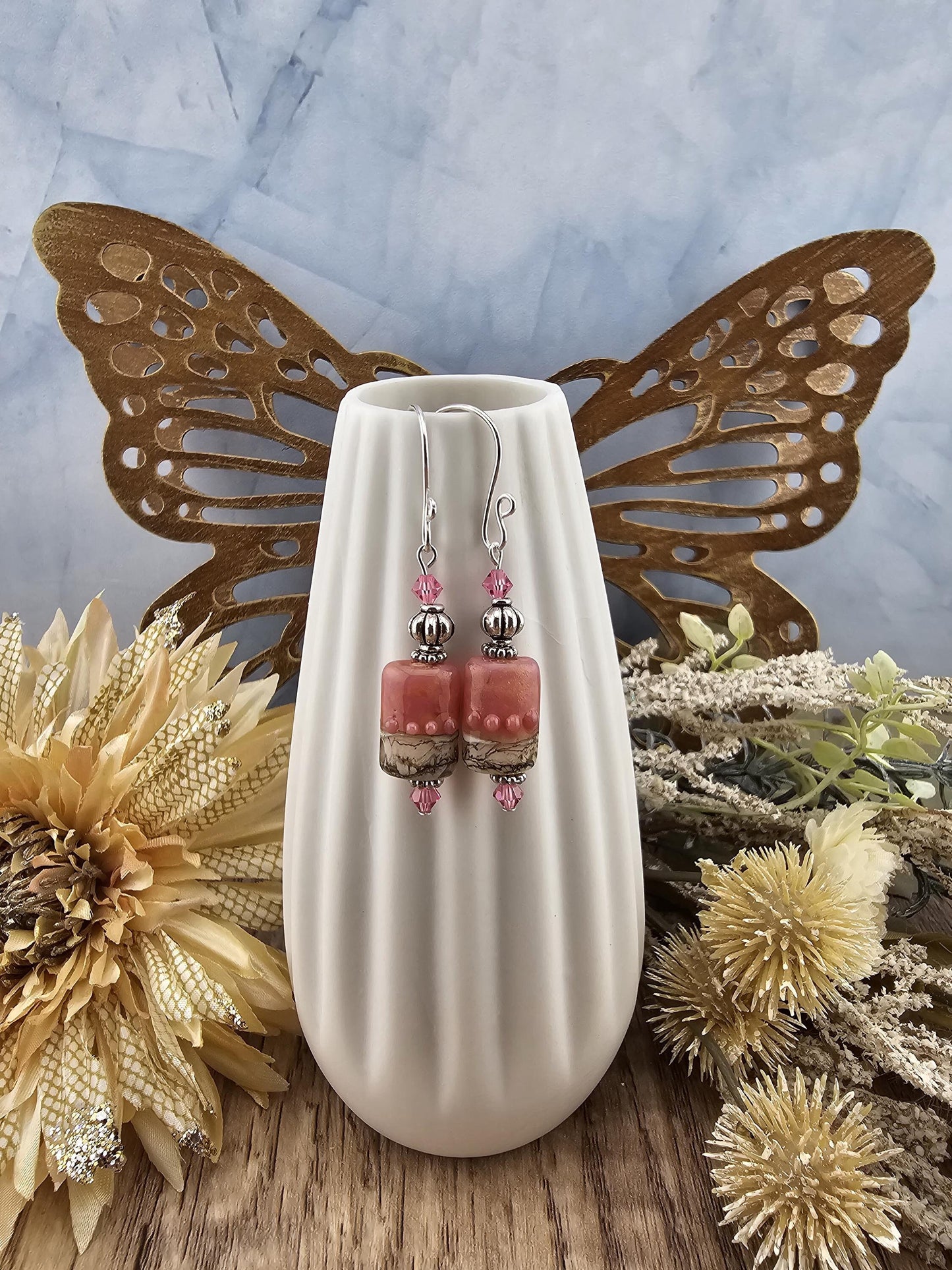 SF Rose Parfait Artisan Glass Earrings, Lampwork Glass Bead by a talented artisan, Silver Filled Earring Wire