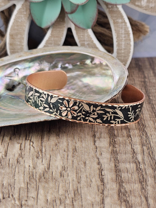 BR - Dark Emerald Green Flower Artisan Bracelet - Beautiful adjustable COPPER cuff bracelet.