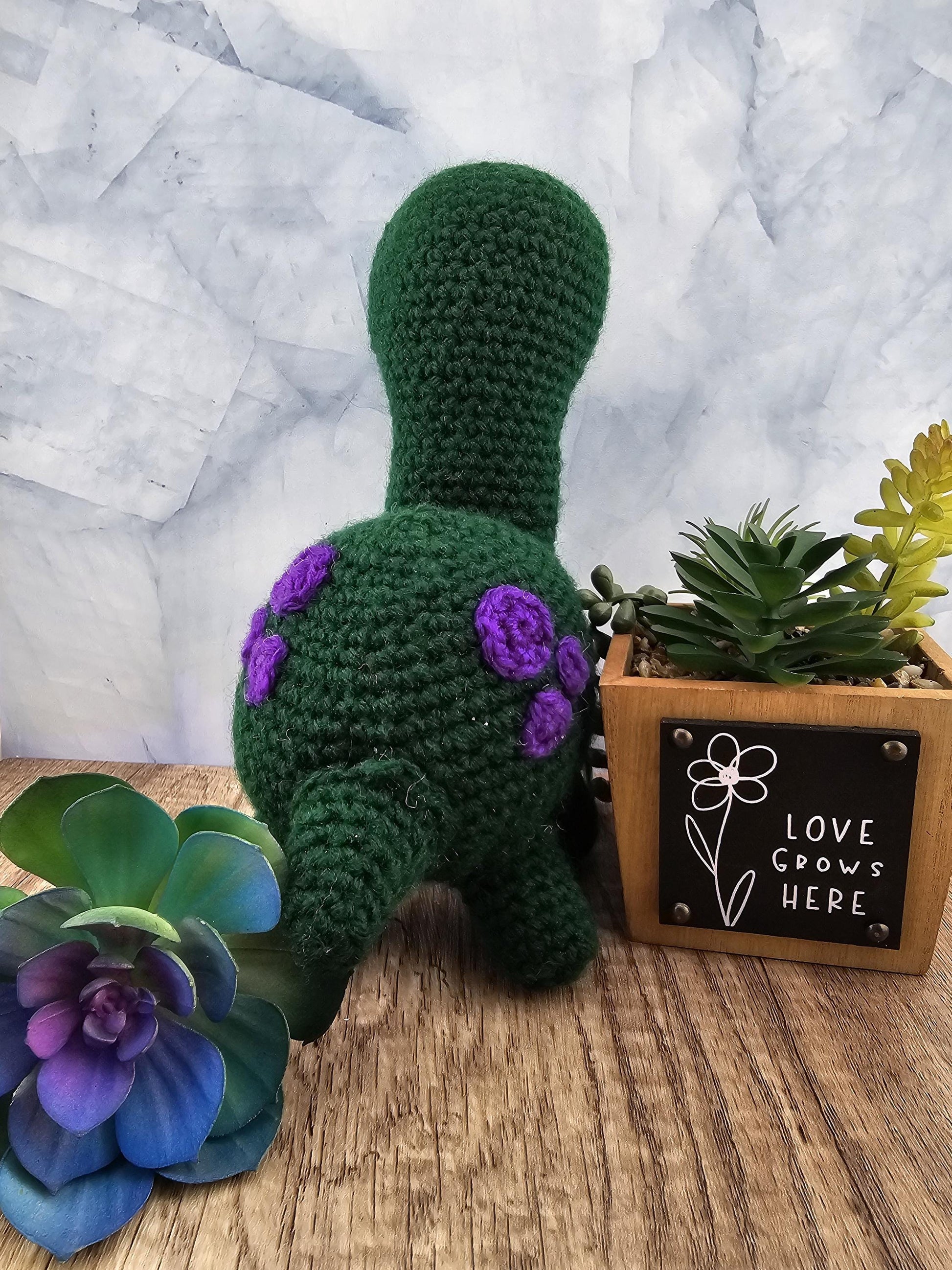 Handcrafted crocheted Green Dinosaur buddy named Barney