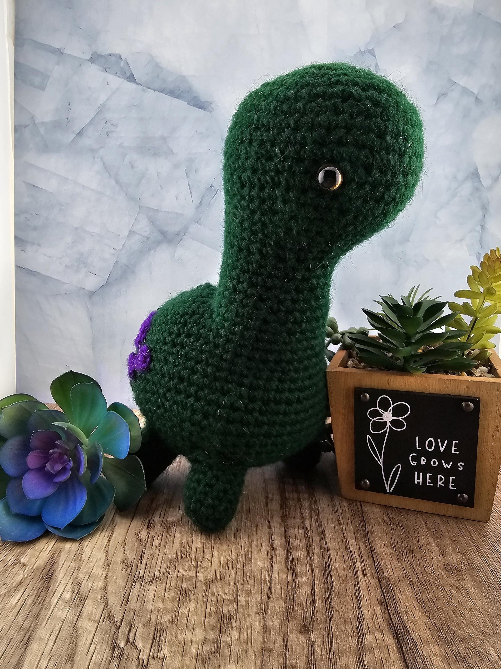 Handcrafted crocheted Green Dinosaur buddy named Barney