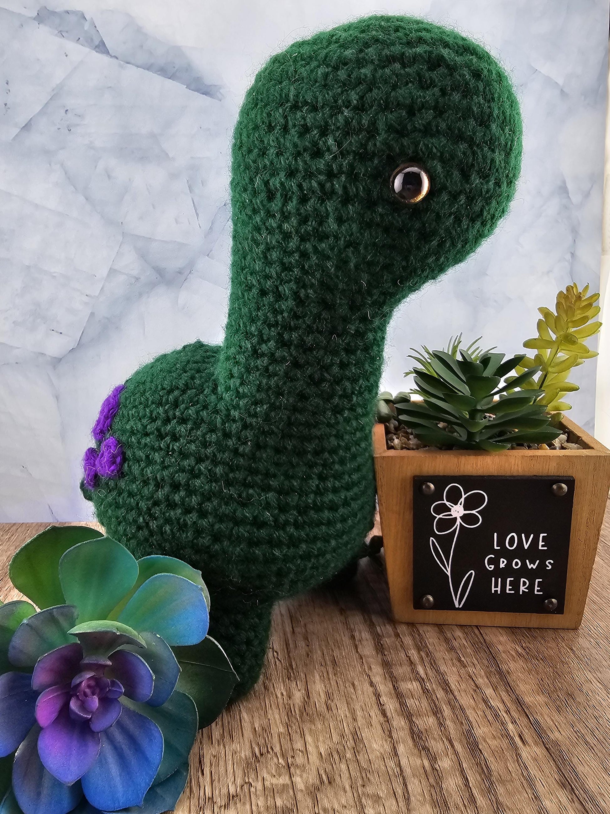 Handcrafted crocheted Green Dinosaur buddy named Barney