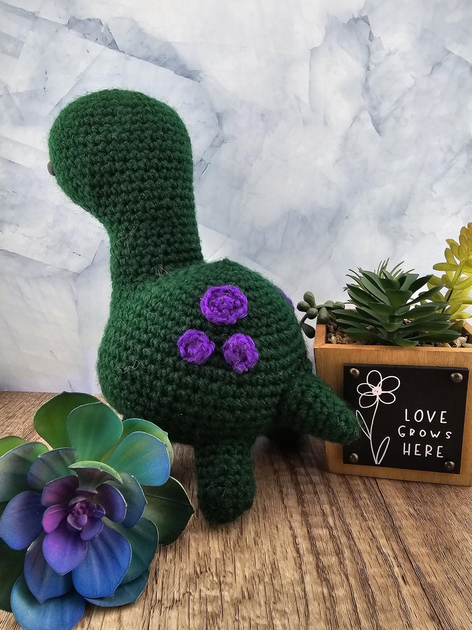 Handcrafted crocheted Green Dinosaur buddy named Barney