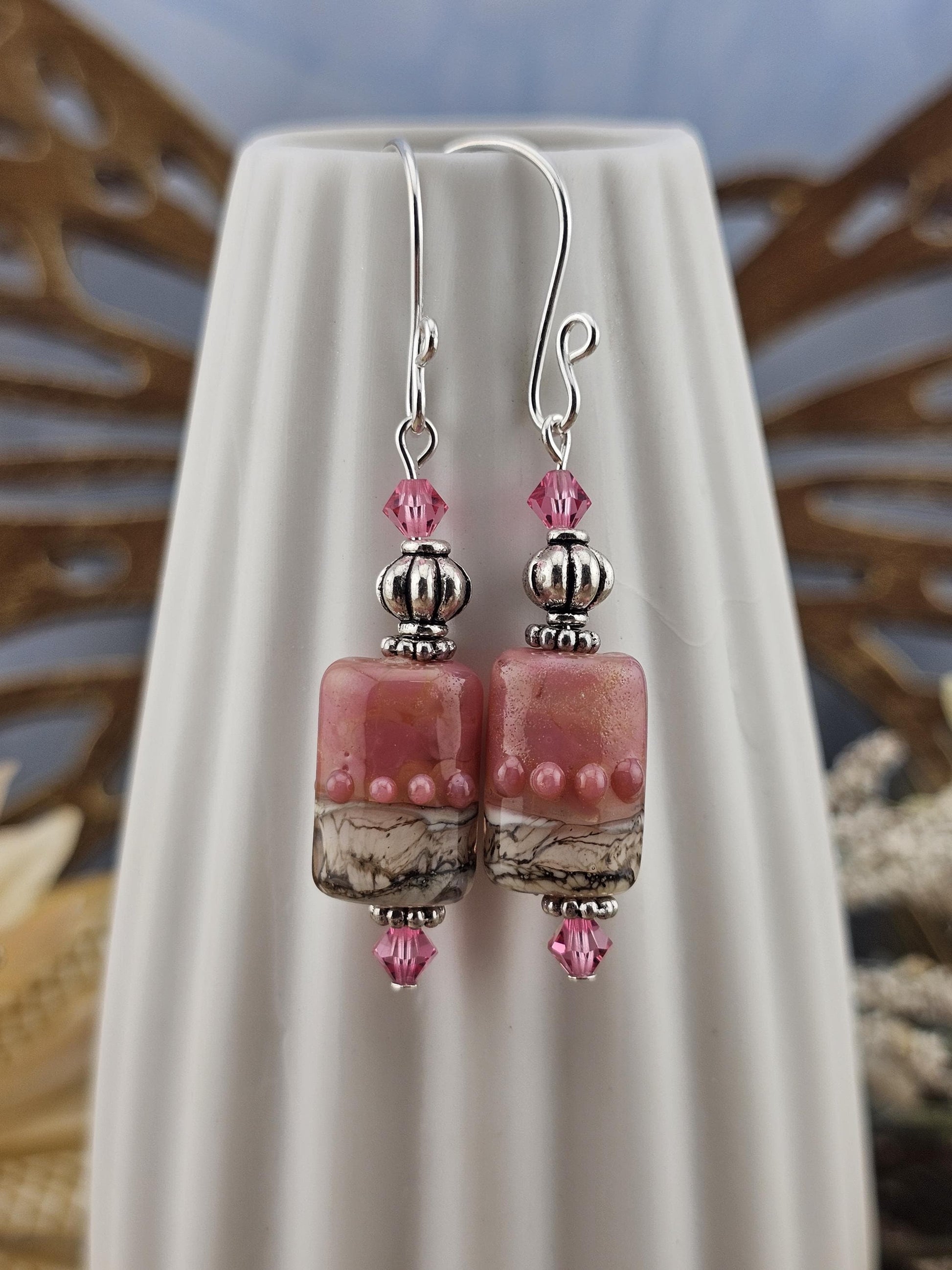 SF Rose Parfait Artisan Glass Earrings, Lampwork Glass Bead by a talented artisan, Silver Filled Earring Wire