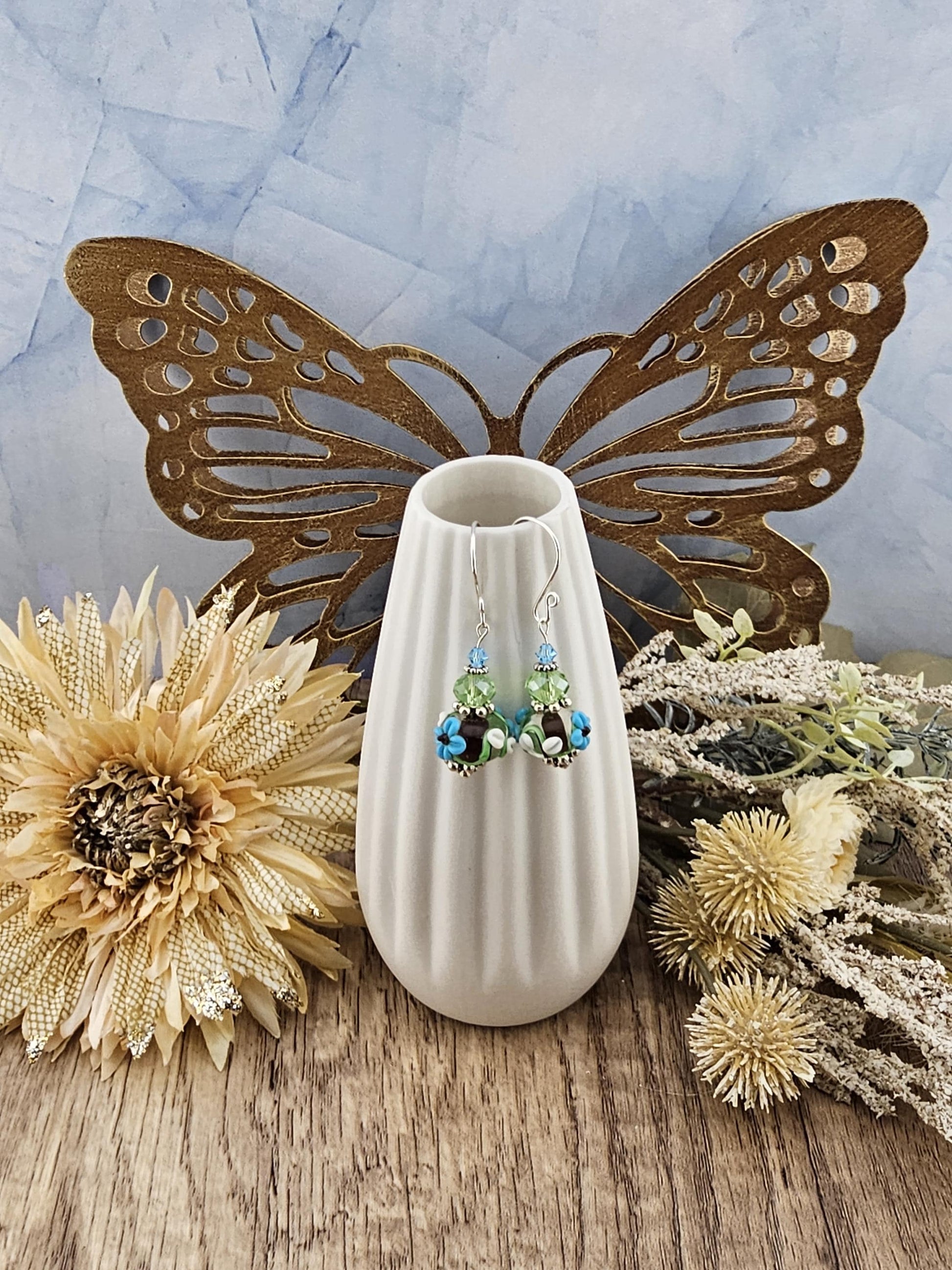 SF Earthy Elegance Artisan Glass Earrings, Lampwork Glass Bead by a talented artisan, Silver Filled Earring Wire