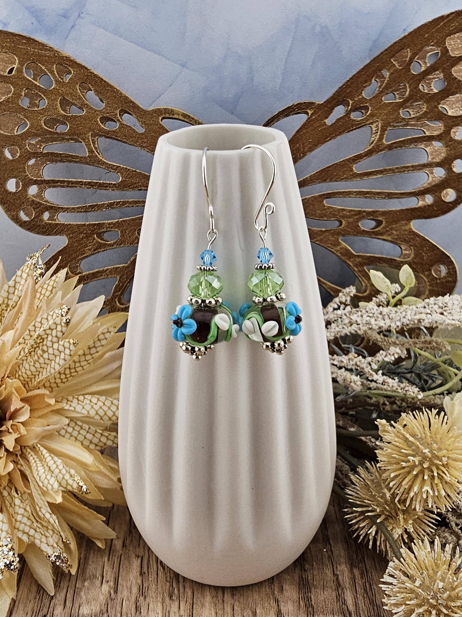 SF Earthy Elegance Artisan Glass Earrings, Lampwork Glass Bead by a talented artisan, Silver Filled Earring Wire