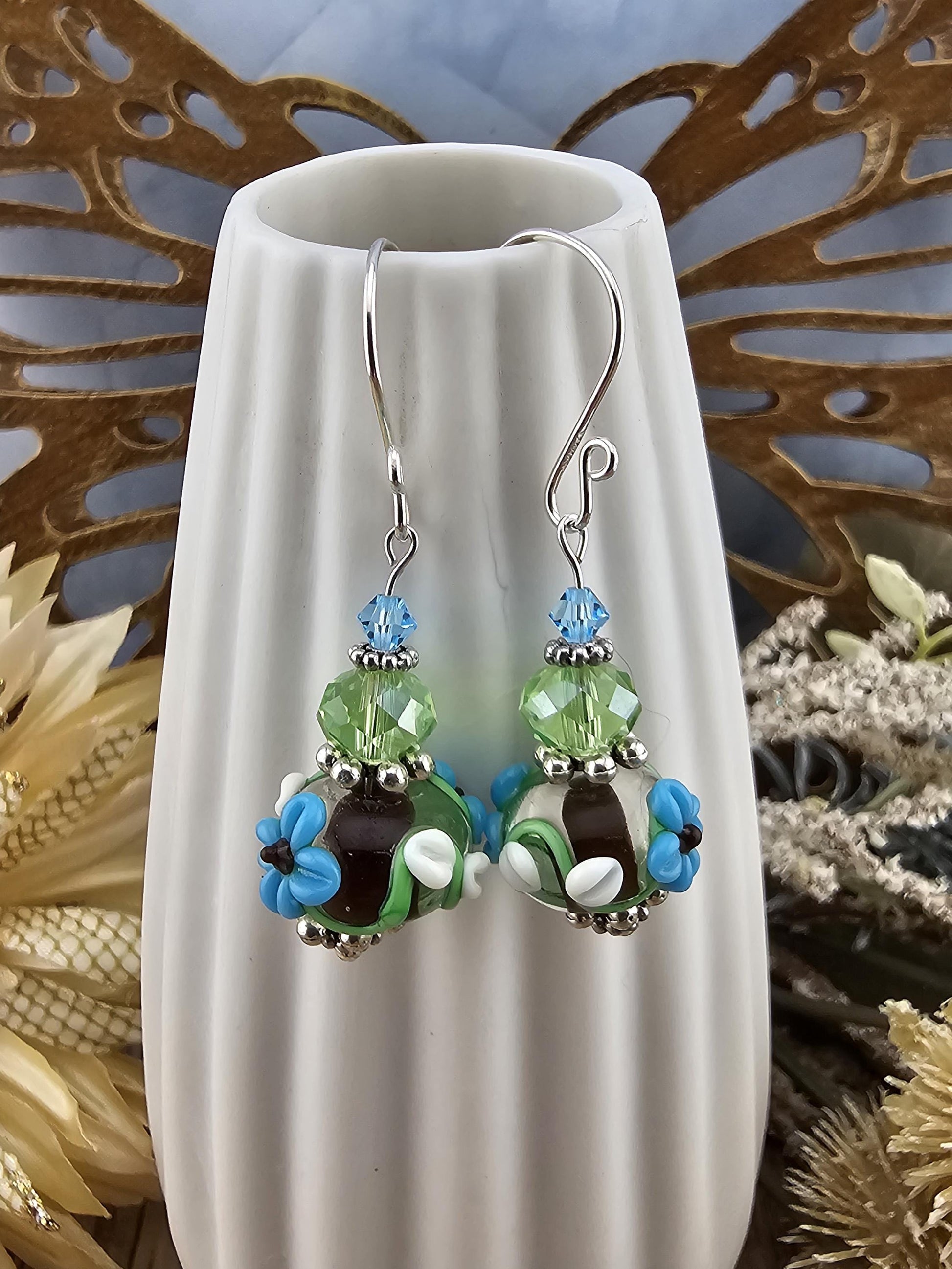 SF Earthy Elegance Artisan Glass Earrings, Lampwork Glass Bead by a talented artisan, Silver Filled Earring Wire