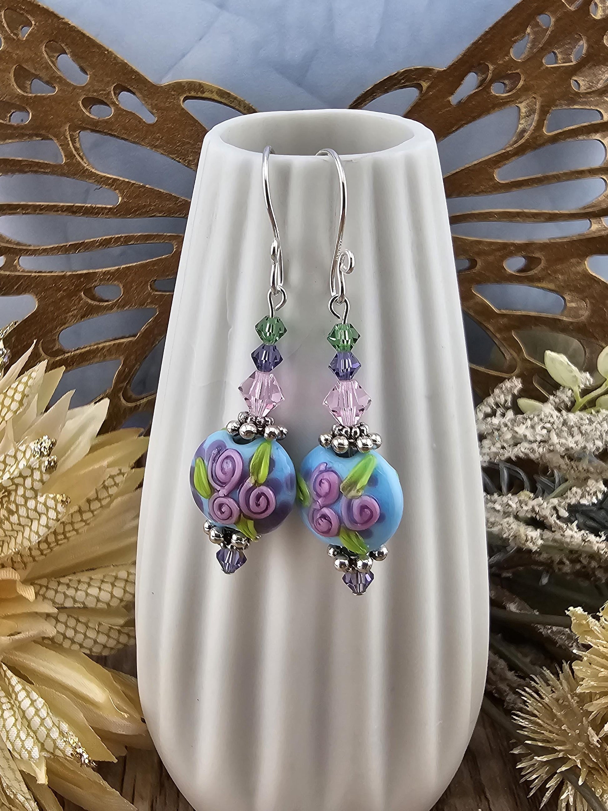 SF Fairywine Blossoms Artisan Glass Earrings, Lampwork Glass Bead by a talented artisan, Silver Filled Earring Wire