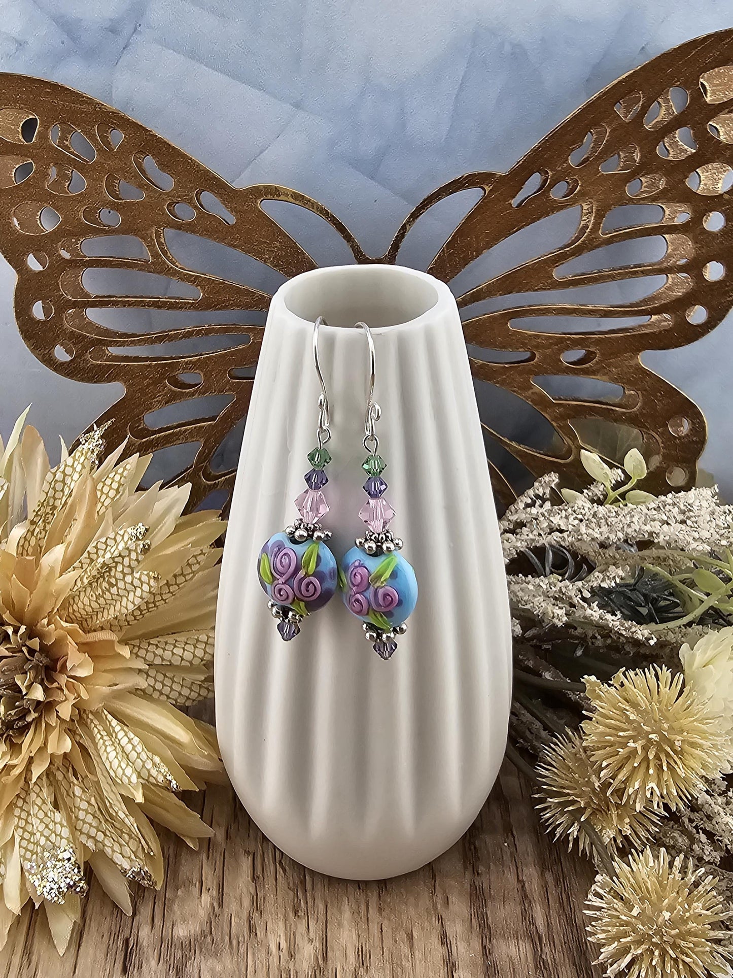 SF Fairywine Blossoms Artisan Glass Earrings, Lampwork Glass Bead by a talented artisan, Silver Filled Earring Wire