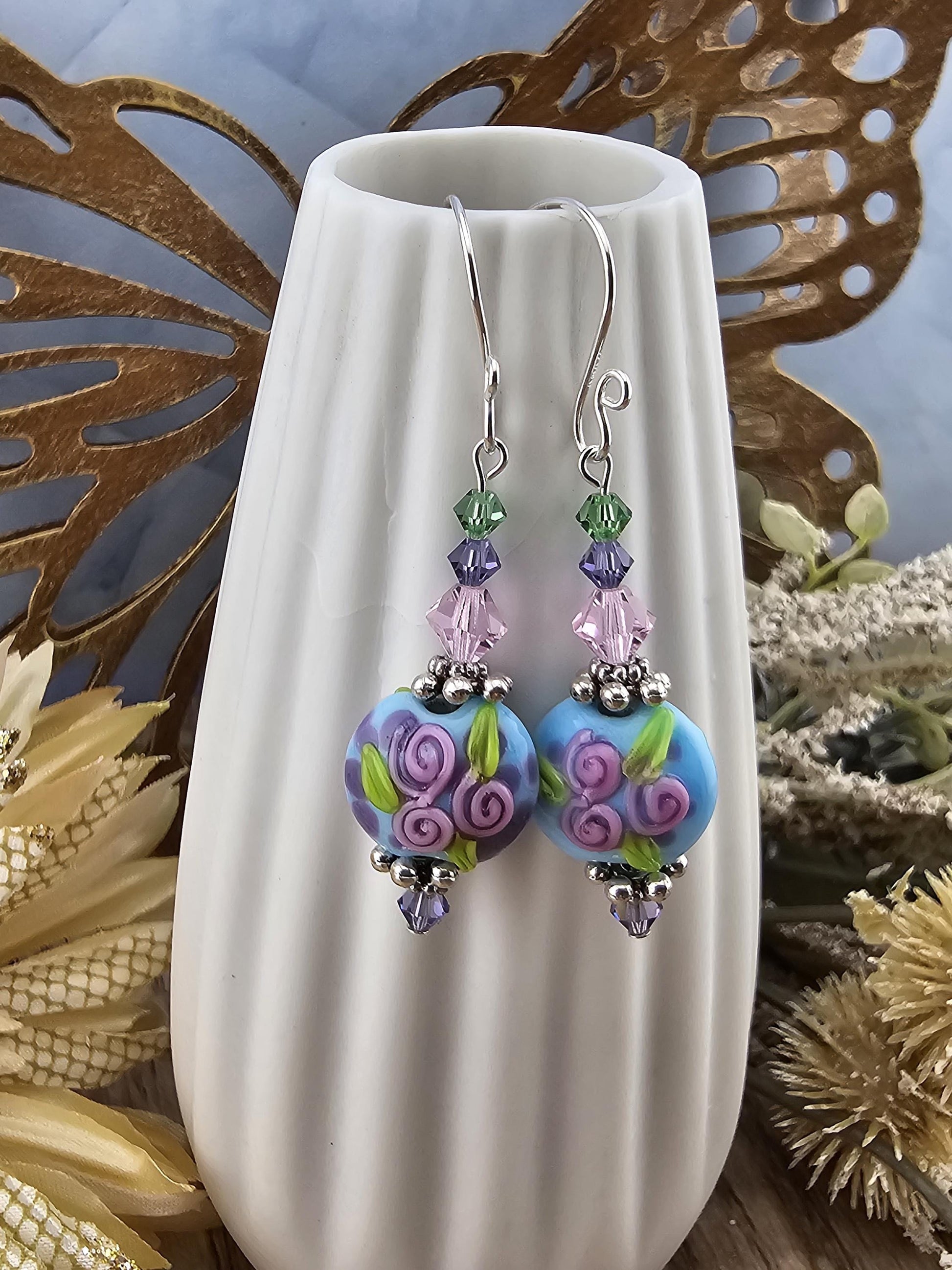 SF Fairywine Blossoms Artisan Glass Earrings, Lampwork Glass Bead by a talented artisan, Silver Filled Earring Wire