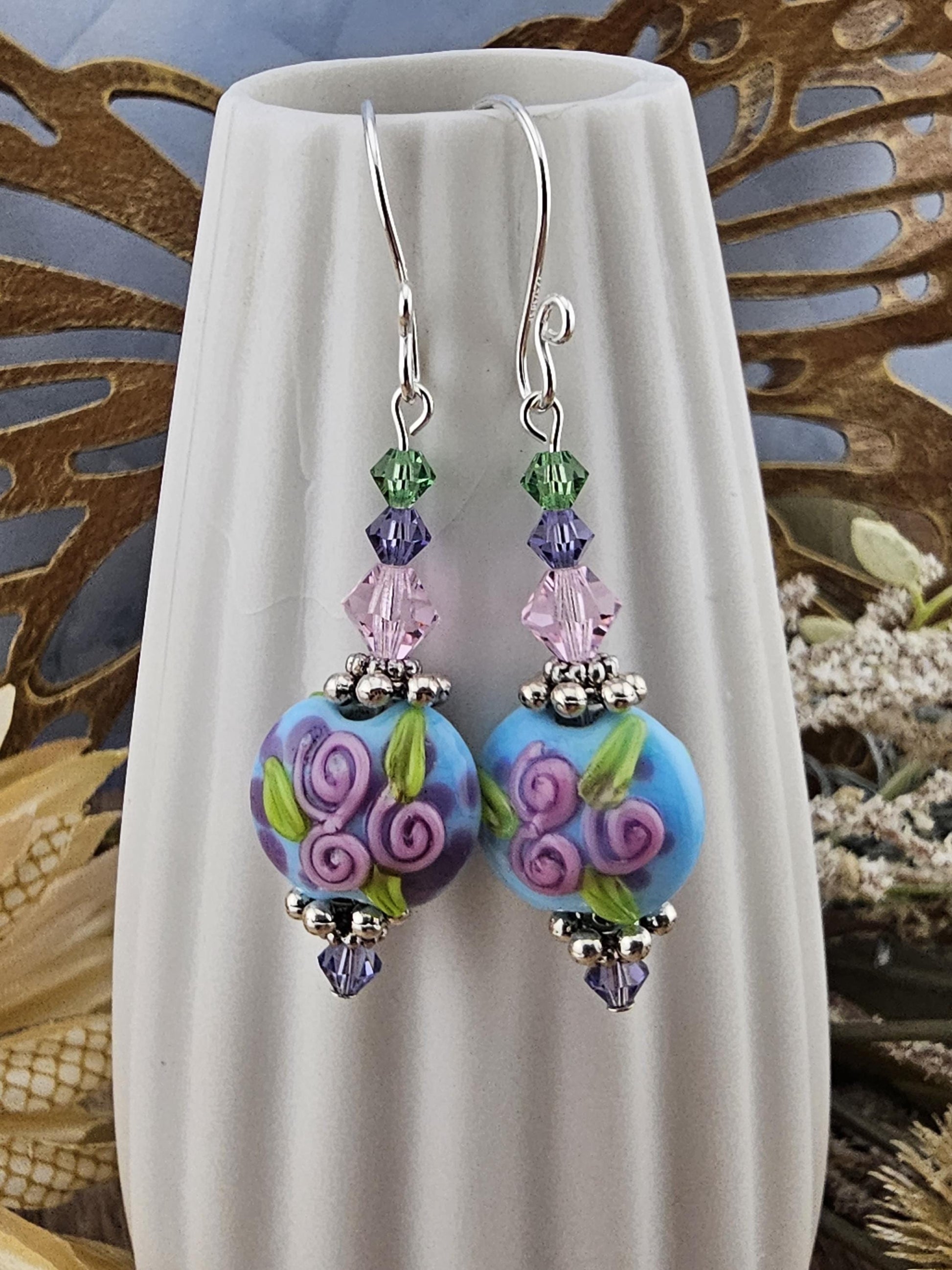 SF Fairywine Blossoms Artisan Glass Earrings, Lampwork Glass Bead by a talented artisan, Silver Filled Earring Wire