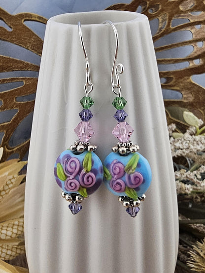SF Fairywine Blossoms Artisan Glass Earrings, Lampwork Glass Bead by a talented artisan, Silver Filled Earring Wire