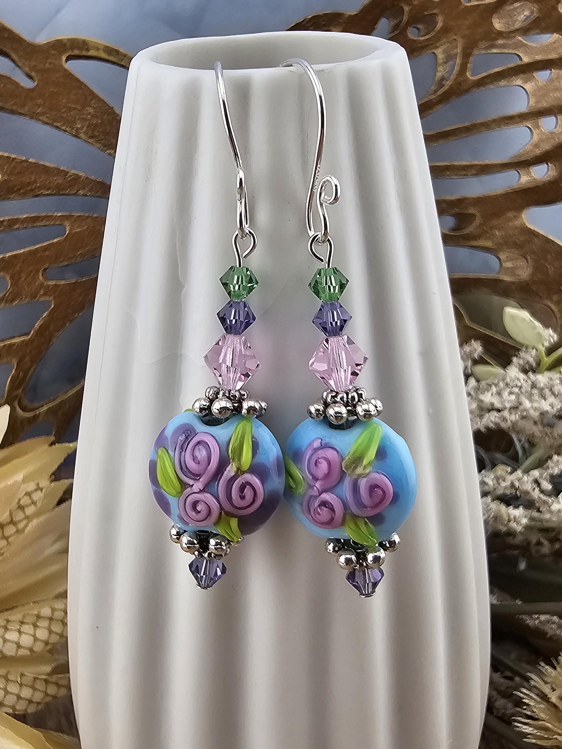 SF Fairywine Blossoms Artisan Glass Earrings, Lampwork Glass Bead by a talented artisan, Silver Filled Earring Wire